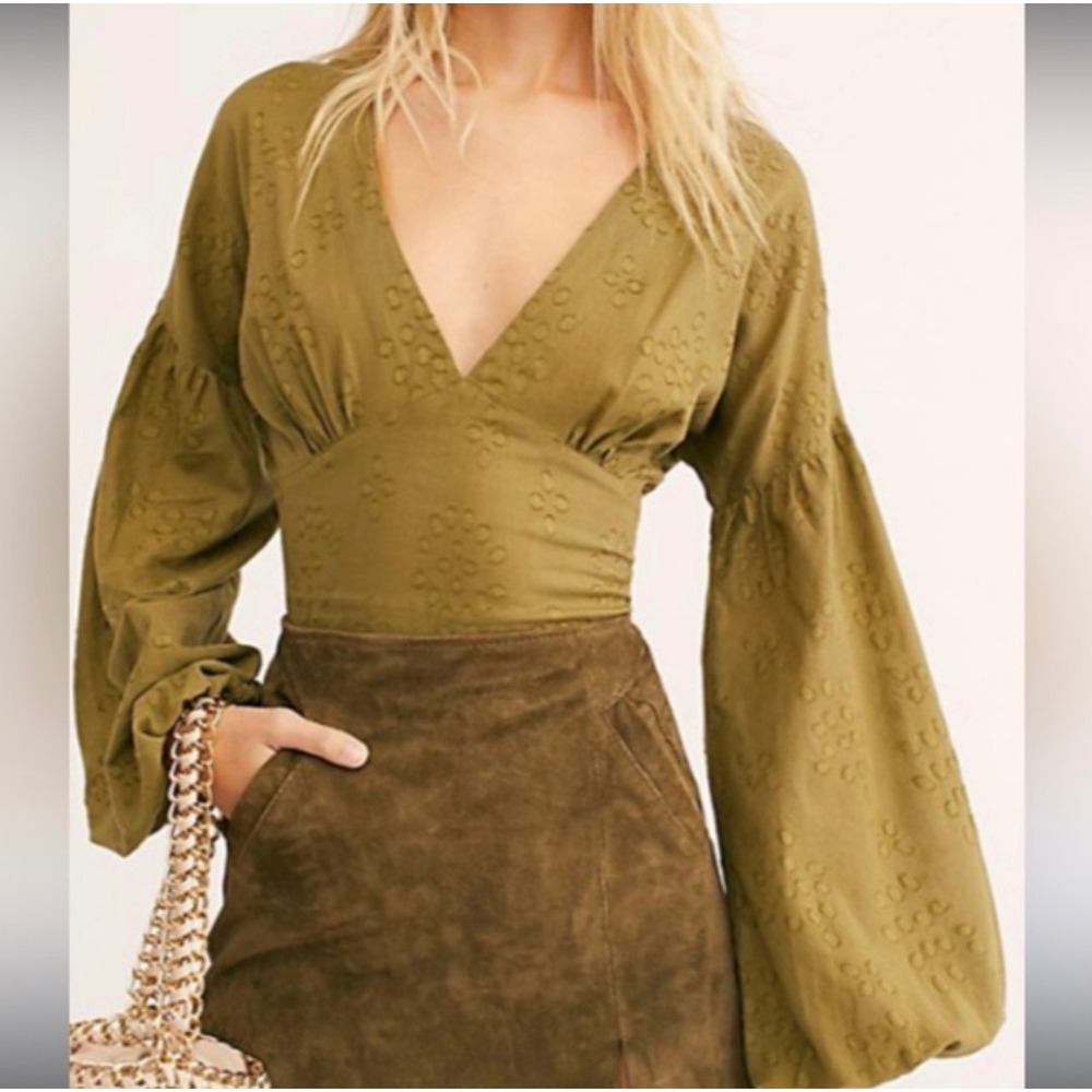 Free People Smocked Crop Top Womens Small Olive Green Excellent Balloon Sleeve